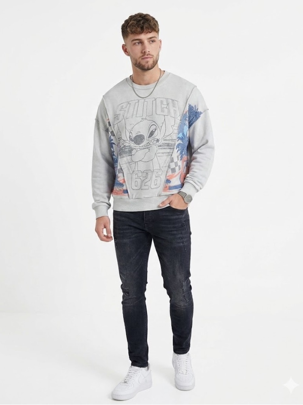 Disney Light Gray Stitch Graphic Crewneck Sweatshirt with Blue and Orange